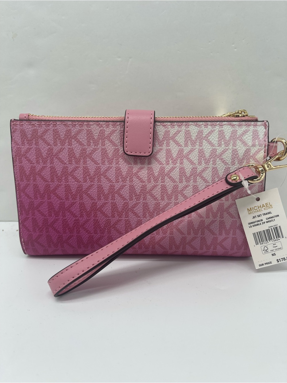 Michael Kors Jet Set Lg Double Zip Ombré Sign Logo Wristlet Wallet Carnation 
NW - Picture 3 of 16